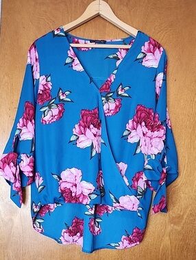 West Kei Teal Floral Wrap-Style Blouse with Pink Blooms